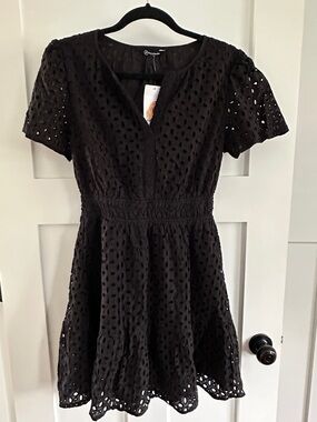 Black Eyelet Midi Dress with Smocked Waist